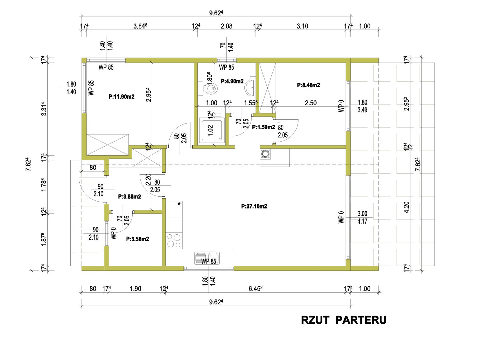 Przykładowy rzut producenta (MODERN 70) — ilustracja dokumentacji, nie projekt Twojego domu